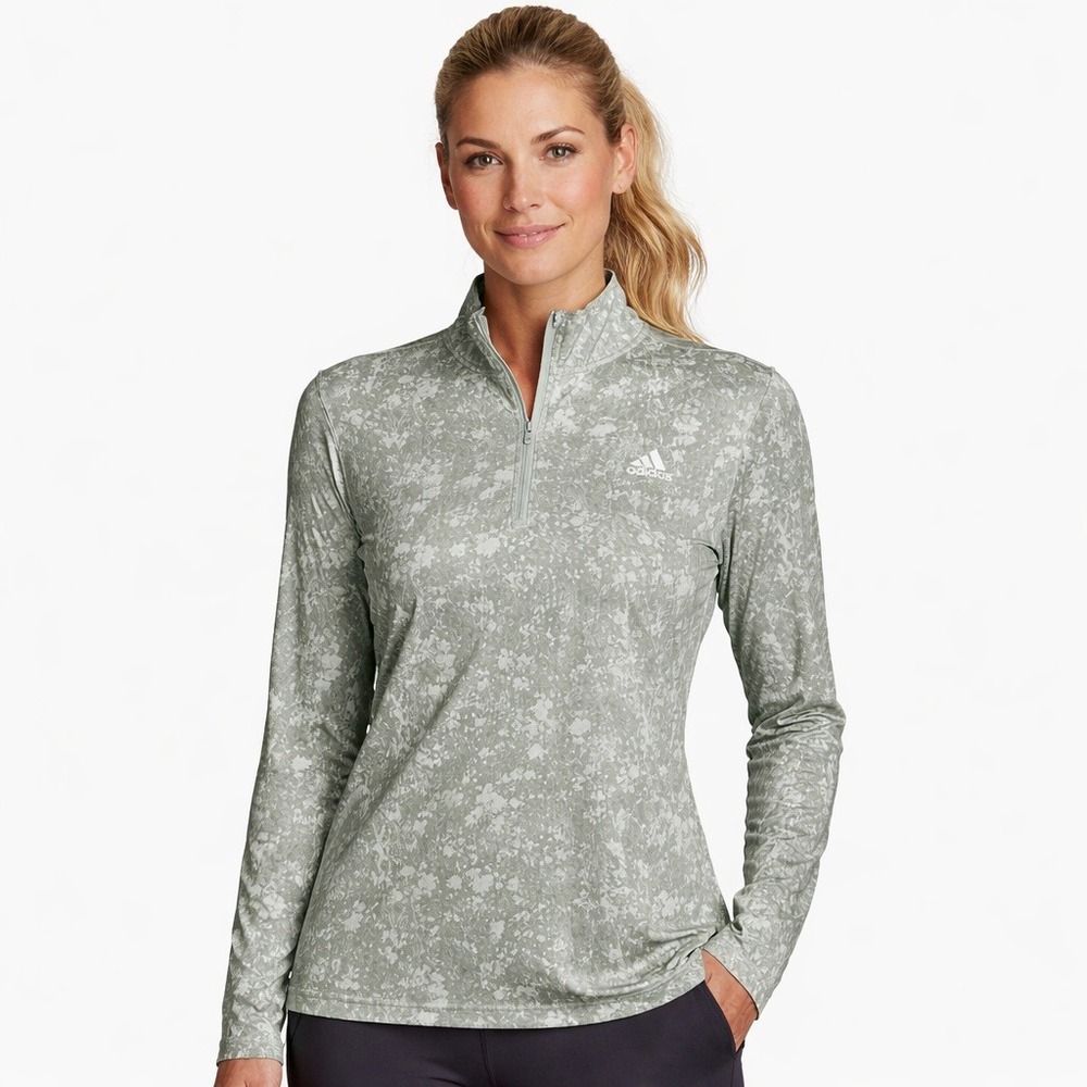 Adidas Golf Womens Large Green Floral  Quarter Zip Pullover Long Sleeve Dri-Fit